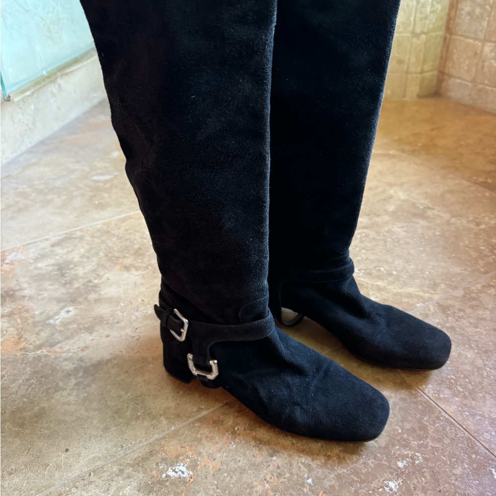 Prada Black Suede Knee-High Boots Vestaire Collection 37.5 - Picture 2 of 9